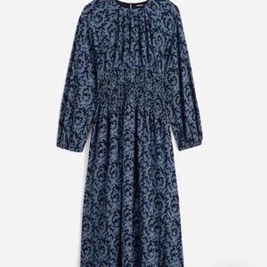 MADEWELL Bubble-Sleeve Smocked Midi Dress in Floral - blue deep indigo, small